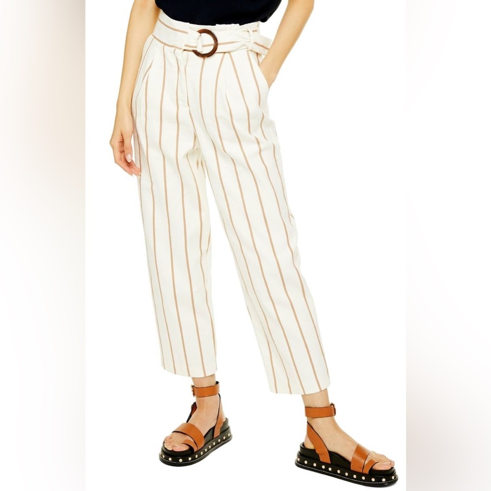 NWT Topshop Wilma Stripe Peg Trousers off white and tan belted